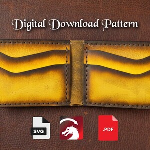 May include: Open, handmade leather wallet with a yellow and brown gradient design. The wallet has multiple card slots and a central compartment. The text "Digital Download Pattern" is at the top. Includes SVG and PDF file icons.