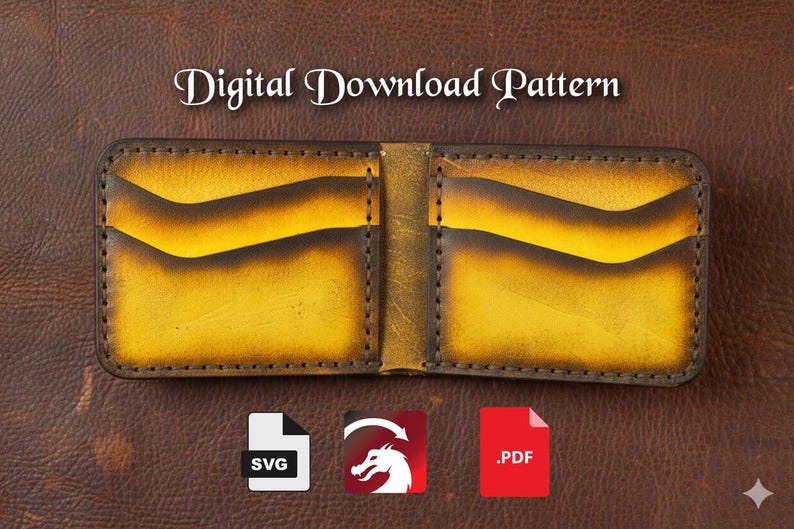 May include: Open, handmade leather wallet with a yellow and brown gradient design. The wallet has multiple card slots and a central compartment. The text "Digital Download Pattern" is at the top. Includes SVG and PDF file icons.