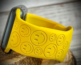 Smiley face watch band smileys Engraved watch Band smiley Silicone Band happy watch band fun engraved Watch band