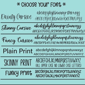 May include: A graphic showing different font styles for text. The font styles include Dainty Cursive, Skinny Cursive, Fancy Cursive, Plain Print, Skinny Print, and Funky Print. Each font style is shown with both lowercase and uppercase letters.