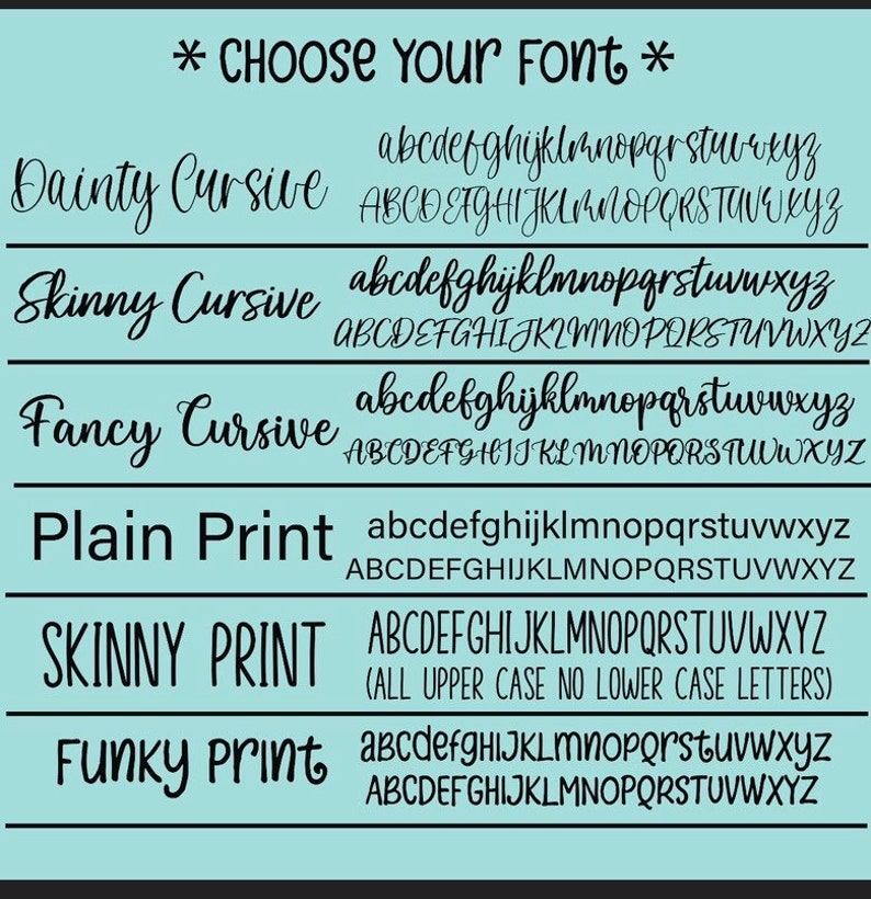 May include: A graphic showing different font styles for text. The font styles include Dainty Cursive, Skinny Cursive, Fancy Cursive, Plain Print, Skinny Print, and Funky Print. Each font style is shown with both lowercase and uppercase letters.