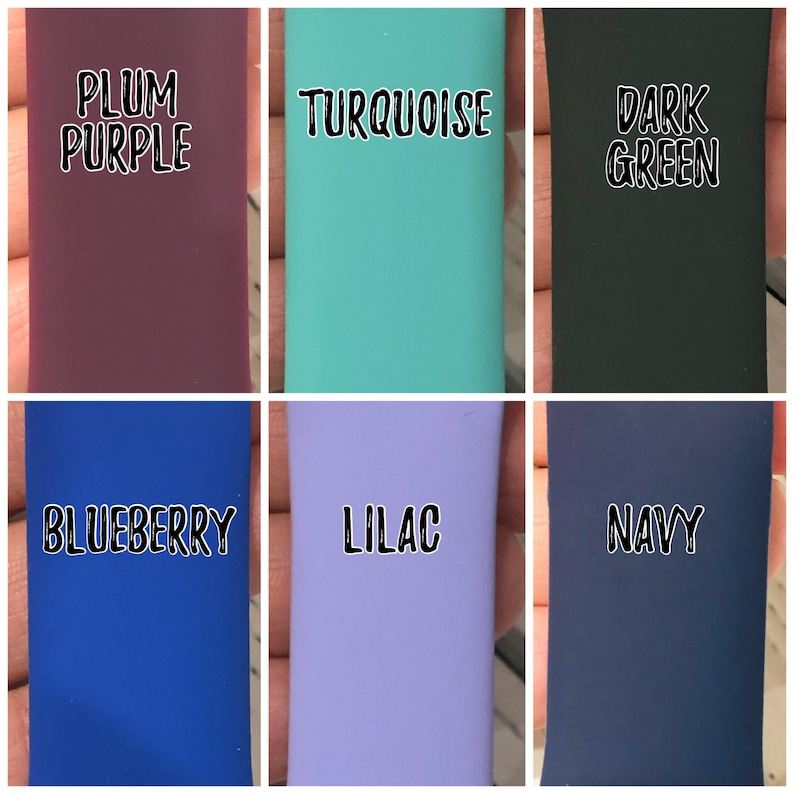 May include: Six different colored silicone wristbands with text labels: Plum Purple, Turquoise, Dark Green, Blueberry, Lilac, and Navy.