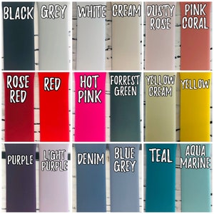 May include: Swatch color chart with 18 different colors, including black, grey, white, cream, dusty rose, pink coral, rose red, red, hot pink, forrest green, yellow cream, yellow, purple, light purple, denim, blue grey, teal, and aqua marine.