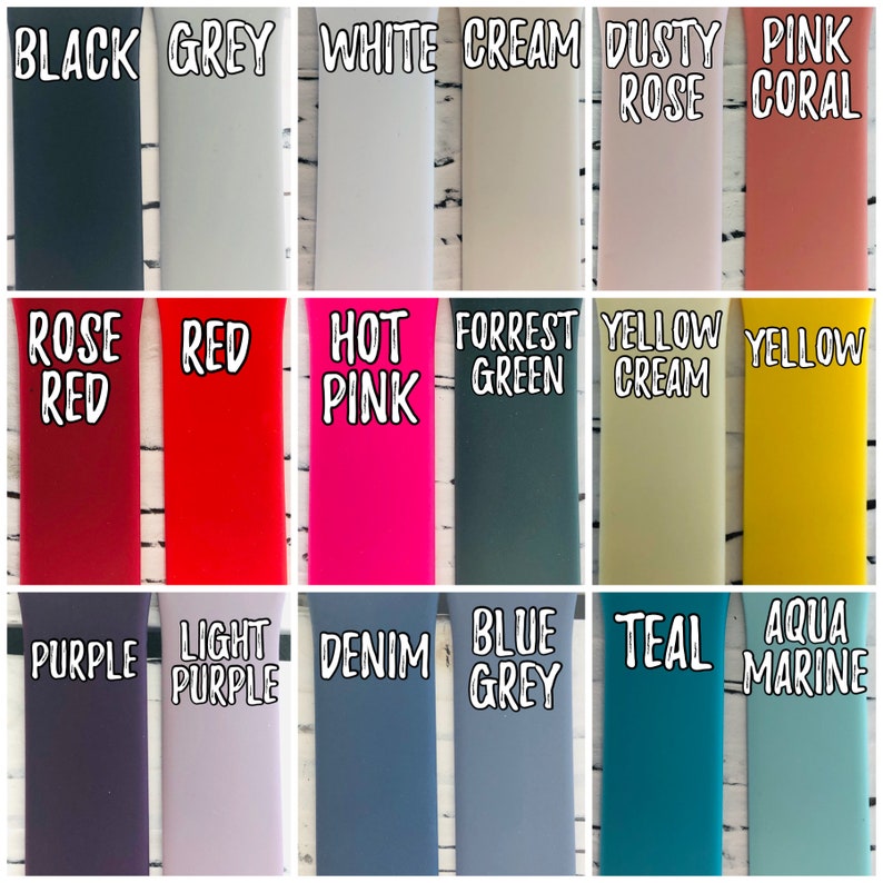 May include: Swatch color chart with 18 different colors, including black, grey, white, cream, dusty rose, pink coral, rose red, red, hot pink, forrest green, yellow cream, yellow, purple, light purple, denim, blue grey, teal, and aqua marine.