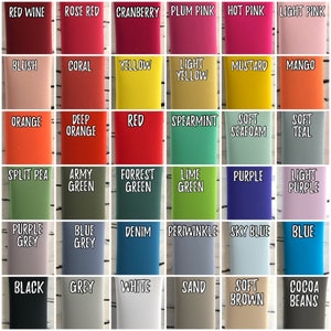 May include: A chart of 48 color swatches with names for each color. The colors are arranged in rows and columns. The colors include red wine, rose red, cranberry, plum pink, hot pink, light pink, blush, coral, yellow, light yellow, mustard, mango, orange, deep orange, red, spearmint, soft seafoam, soft teal, split pea, army green, forrest green, lime green, purple, light purple, purple grey, blue grey, denim, periwinkle, sky blue, blue, black, grey, white, sand, soft brown, and cocoa beans.