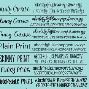 Pu&ograve; includere: Un grafico che mostra diversi stili di font per l'alfabeto. Gli stili includono Dainty Cursive, Skinny Cursive, Fancy Cursive, Plain Print, Skinny Print, Funky Print e Adorable Print.
