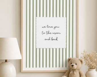 Moon And Back Nursery Print / New Baby Gift / Sage Green Striped Wall Art / Scalloped Nursery Decor