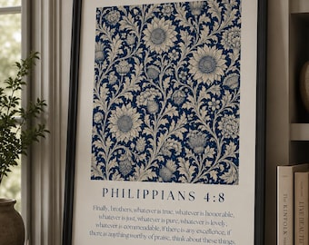 Bible Verse Wall Art Printable / Philippians 4:8 Whatever is true / Navy Floral Scripture Print / Think on These Things Digital Download