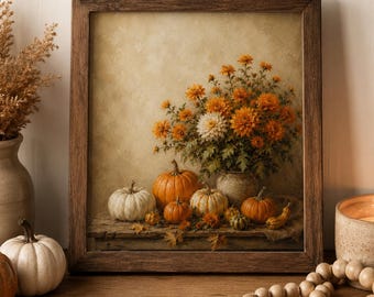Estampado floral otoñal, bodegón de calabazas para pared, arte otoñal vintage para estante, repisa o cocina.