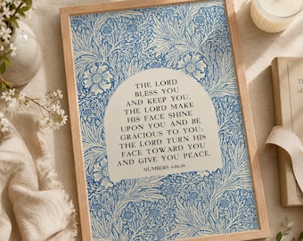 The Lord Bless You and Keep You Framed Art Print / Numbers 6 Scripture / Blue Botanical Christian Decor