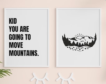 May include: A pink and white nursery with a white couch and a white chair. The couch has four pillows with animal faces on them. There are two framed prints on the wall, one with the text "Kid you are going to move mountains." and the other with a black and white illustration of a mountain range. There are also paper clouds and hot air balloons hanging from the ceiling.