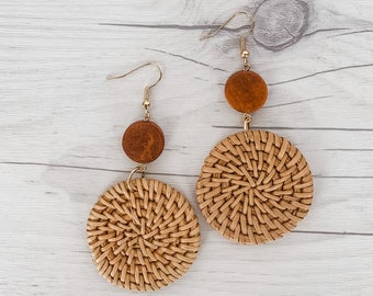 Circle Woven Rattan Earrings | Boho Straw Wicker Earrings | Drop Statement Earrings