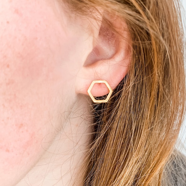 Open Hexagon Stud Earrings | Minimalist Earring | Rose Gold Stud Earring |  Geometric Stud Earring | Silver Hexagon Stud