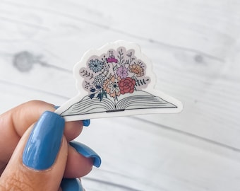 Etiqueta engomada del vinilo de la flor y del libro / Etiqueta engomada del libro / Etiqueta engomada de la pila de flores y libros / Etiqueta engomada del ordenador portátil / Etiqueta engomada de la flor impermeable