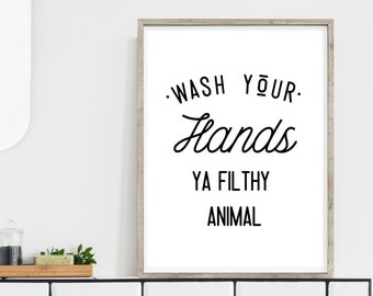 Letrero imprimible "Lávate las manos" / Arte divertido para la pared del baño / Decoración moderna para el baño / Descarga digital para el baño del hogar o la oficina