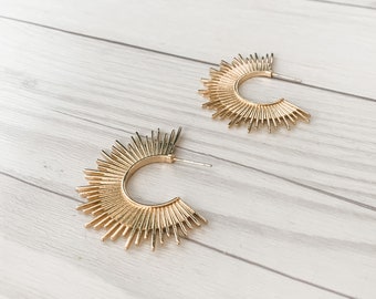 Gold Sunburst Hoop Earrings | Modern Gold Statement Earrings | Spike Hoop Earrings | Boho Jewelry | Silver Hoop Earring | Best Seller