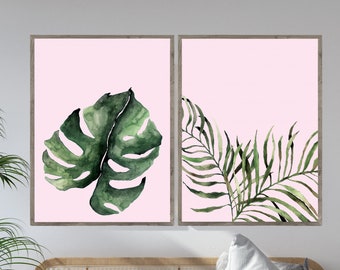 Set Of Prints, Pink Tropical Leaf Print, Palm Leaf Wall Art, Monstera Print, Plant Leaves Wall Art, Monstera Leaf Print, Palm Leaves Prints