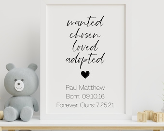 Wanted Chosen Loved Adopted Print| Personalized Adoption Print | New Baby | Gotcha Day Gift | Chosen Adopted Named, Adoption Gift