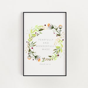 You Are Fearfully And Wonderfully Made, Psalm 139:14, Bible Verse Printable, Christian Gifts, Nursery Decor, Scripture Prints, Kids Room Art