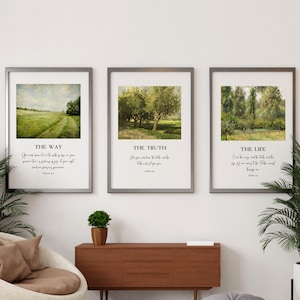 Christian Wall Art The Way The Truth The Life - Set of 3 Prints - Bible Verse Wall Print, Vintage Christian Decor, John 14, Psalm 16