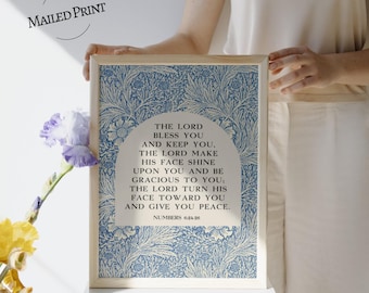 The Lord Bless You And Keep You Print | Numbers 6:24-26 Scripture | Christian Wall Art, Bible Verse Print, Vintage Blue Floral Decor