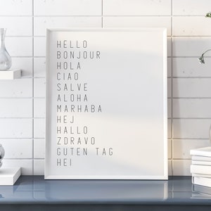Puede incluir: Una impresión enmarcada en blanco con las palabras "Hello", "Bonjour", "Hola", "Ciao", "Salve", "Aloha", "Marhaba", "Hej", "Hallo", "Zdravo", "Guten Tag" y "Hei" escritas en negro.