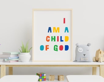 Soy un niño de Dios impresión / arte cristiano / impresión de la guardería / impresión de la habitación de los niños / colores primarios / arte de la pared de la guardería / decoración de la pared del vivero /