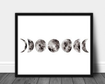 Phases of the Moon Watercolor Printable | Bedroom Wall Decor | Living Room Moon Wall Art | Lunar phases | Digital Print | Moon Phase Poster