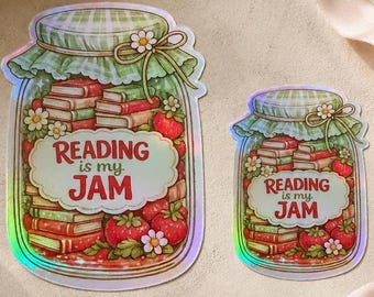 Pegatina "Reading Is My Jam" / Pegatina holográfica adorable con temática de libros / Pegatina estilo cottagecore con diseño de tarro de fresas / Pegatina para lector Regalo de menos de 5