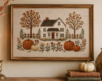Lámina decorativa de estilo rústico otoñal / Póster de granja con bordados / Decoración otoñal de campo de calabazas / Lámina acogedora para el hogar campestre