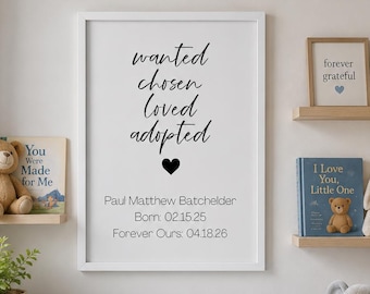 Personalized Adoption Print | Wanted Chosen Loved Adopted Wall Art | Custom Name & Date Nursery Decor | Gotcha Day Gift | Physical Print