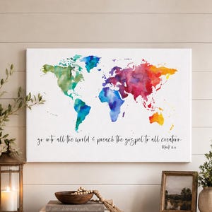 Marco 16:15 Tela / Andate in tutto il mondo e predicate il Vangelo a tutta la creazione Tela / Mappa del mondo / Arte delle Scritture / Scritture illustrate