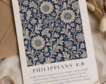 Think on These Things Philippians 4:8  Navy Botanical Bible Verse Wall Art Print – William Morris Style Decor