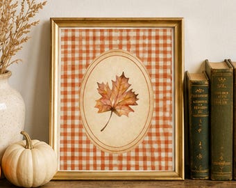 Lámina decorativa de otoño para pared, arte de hojas de otoño, decoración de cuadros vichy naranjas, pequeña lámina vintage de otoño para estante o repisa.