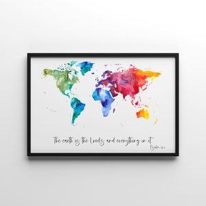Psalm 24:1 | De aarde is van de Heer en alles wat daarin | Afdrukbare Wall Art World Map | Direct downloaden | Schriftafdruk