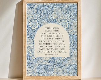El Señor te bendiga y te guarde (lámina) / Números 6:24-26 (arte mural bíblico) / Decoración cristiana para habitación infantil / Póster floral azul de William Morris