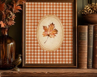 Gingham Maple Leaf Print | Fall Farmhouse Wall Art | Autumn Printable Decor | Cottagecore Leaf Art | Digital Download