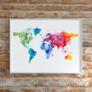 Aquarell Weltkarte Druck | Große Weltkarte, Regenbogen Weltkarte Wohnzimmer Deko, Geschenk zur Wohnungsermeinung