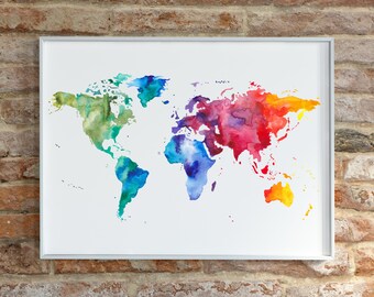 Watercolor World Map Print | Large World Map, Rainbow World Map Living Room Decor, Housewarming Gift