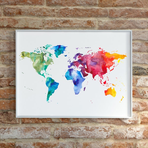 Watercolor World Map Print | Large World Map, Rainbow World Map Living Room Decor, Housewarming Gift