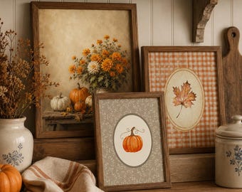 Juego de 3 láminas decorativas de otoño / Mini láminas de otoño / Arte de calabazas y hojas / Decoración vintage de otoño para estante, repisa o entrada