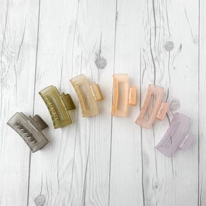 Puede incluir: Siete pinzas para el pelo de plástico en varios tonos de marrón, beige y morado. Las pinzas están dispuestas en una fila sobre una superficie de madera blanca.