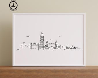 London Skyline Printable Wall Art, England Cityscape Poster, London Digital Download, Minimalist Travel Art, UK City Print for Home Decor