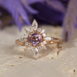 Round Cut Natural Amethyst Engagement Ring 14K Solid Rose Gold/Halo Moissanite Ring/Elegant Amethyst Jewelry for Her/Anniversary Gift
