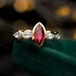 Marquise Cut Natural Ruby Gold Engagement Ring/Genuine Ruby Vintage Ring for Women Anniversary Gift/Birthstone Wedding Ring/Gift for Her