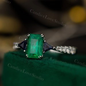 Emerald Cut Natural Emerald Engagement Ring/14k Solid White Gold Vintage Ring for Her/Unique Statement Ring Double Prongs/Handmade Jewelry