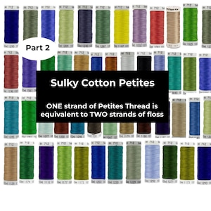 May include: A collection of Sulky Cotton Petites thread spools in various colors. The text "Sulky Cotton Petites" and "ONE strand of Petites Thread is equivalent to TWO strands of floss" is displayed on the image.