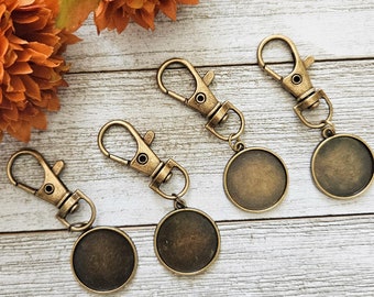Kit 4 Metal Pendant Bezels Keychains in Color Antique Bronze, Round Shape 2cm (3/4in) diameter