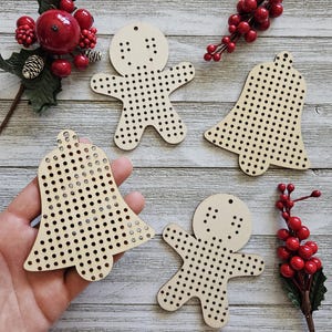 One (1) Cross Stitch Wooden Ornament - Gingerbread or Christmas Bell 4&quot; (10cm) Tall