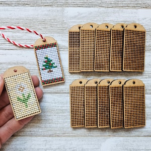 Pack 10x Wooden Tags to Cross Stitch 5.5x2.5cm each Tag (22 x 12 stitches) 12ct by Million of Stitches/ Christmas Gift Tag to Cross Stitch